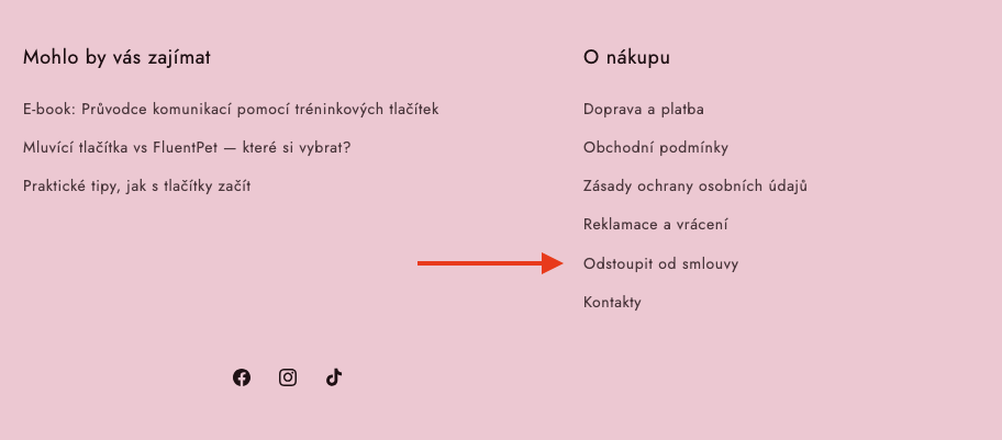 Patička e-shopu s odkazem Odstoupit od smlouvy v sekci O nákupu