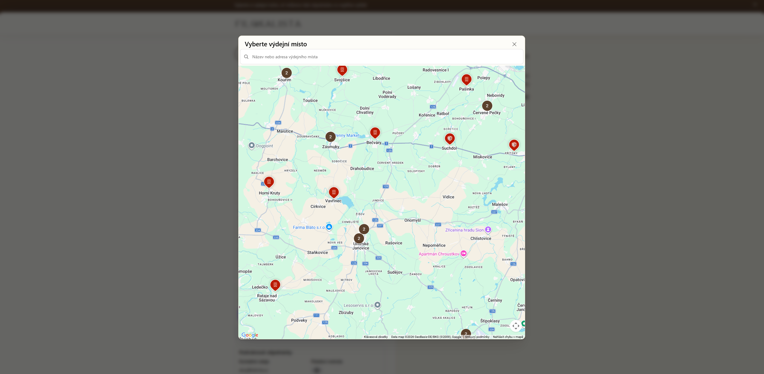 Mapa výdejních míst v checkoutu