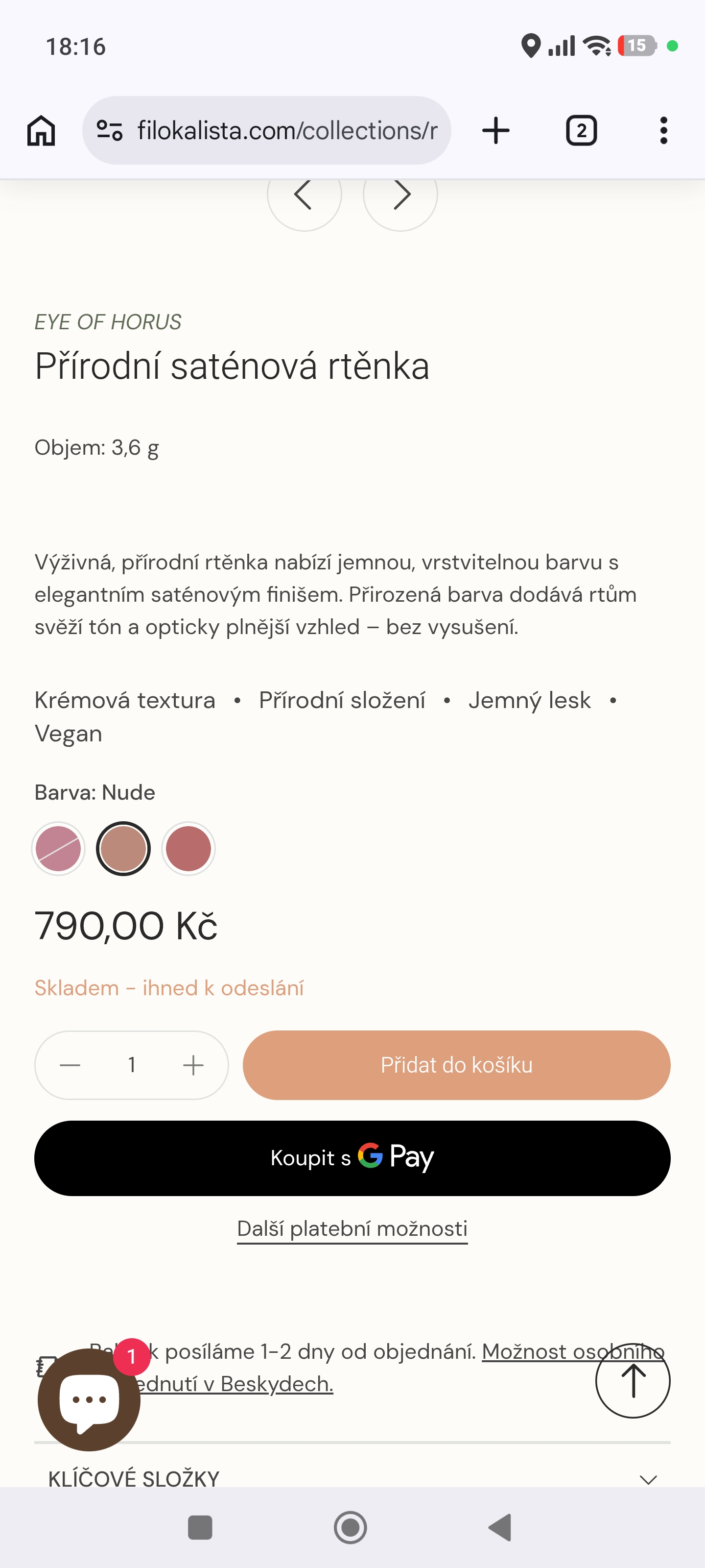 Detail produktu na mobilu